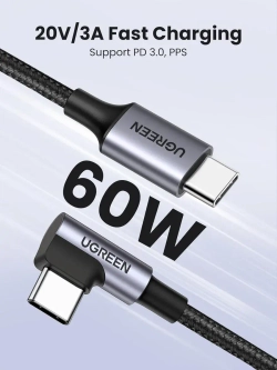 USB C кабель угловой L Угрин 60W с быстрой зарядкой
