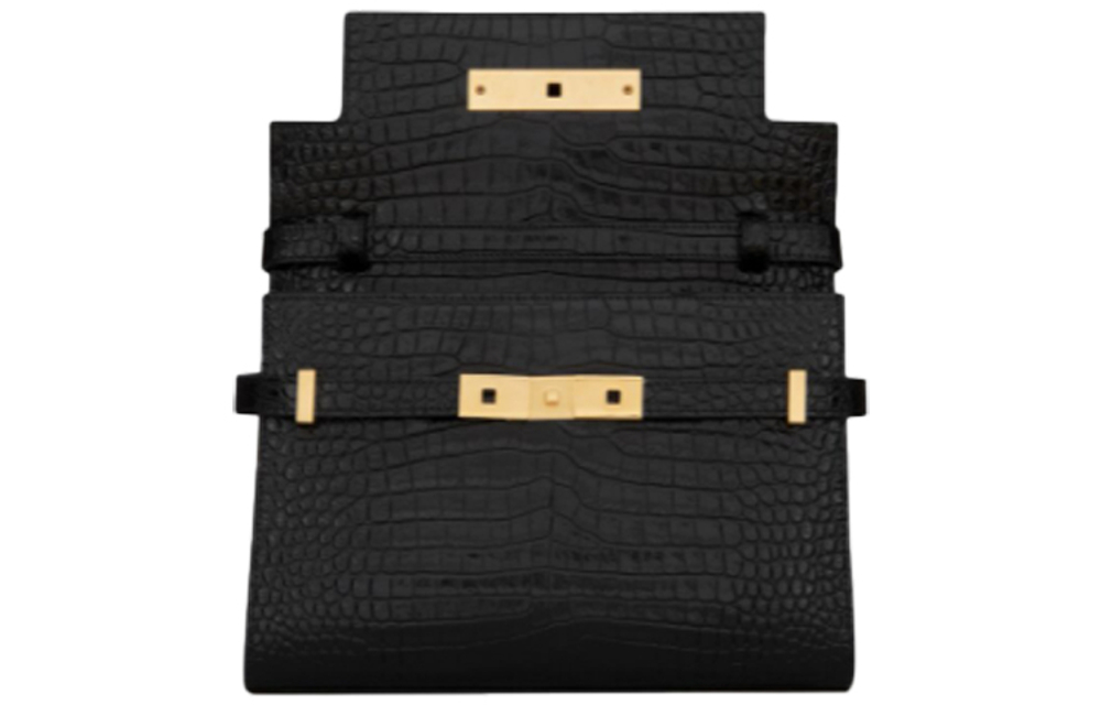 SAINT LAURENT MANHATTAN Crocodile Pattern Embossed Bright Cow Leather Crossbody Bag, Shoulder Bag Small Women"s Black