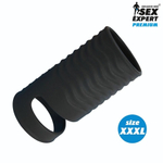 Черная открытая насадка на пенис с кольцом для мошонки XXXL-size - 9,9 см. (Цвет: черный)