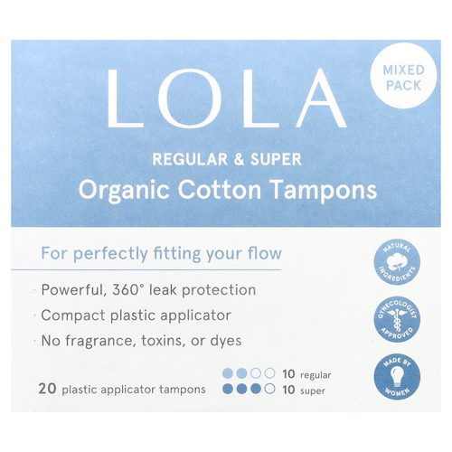 Lola, тампоны из органического хлопка с пластиковыми аппликаторами, обычные и супер, 20 штук