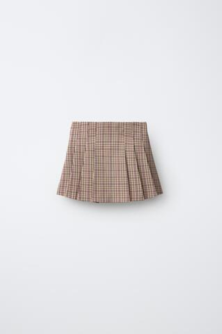 ZARA ЮБКА В СКЛАДКУ В КЛЕТКУ С ПУГОВИЦАМИ, ЭКРЮ/ГРАНАТОВЫЙ
