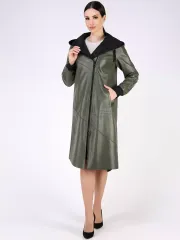 Кожаный плащ длинный с капюшоном пальто