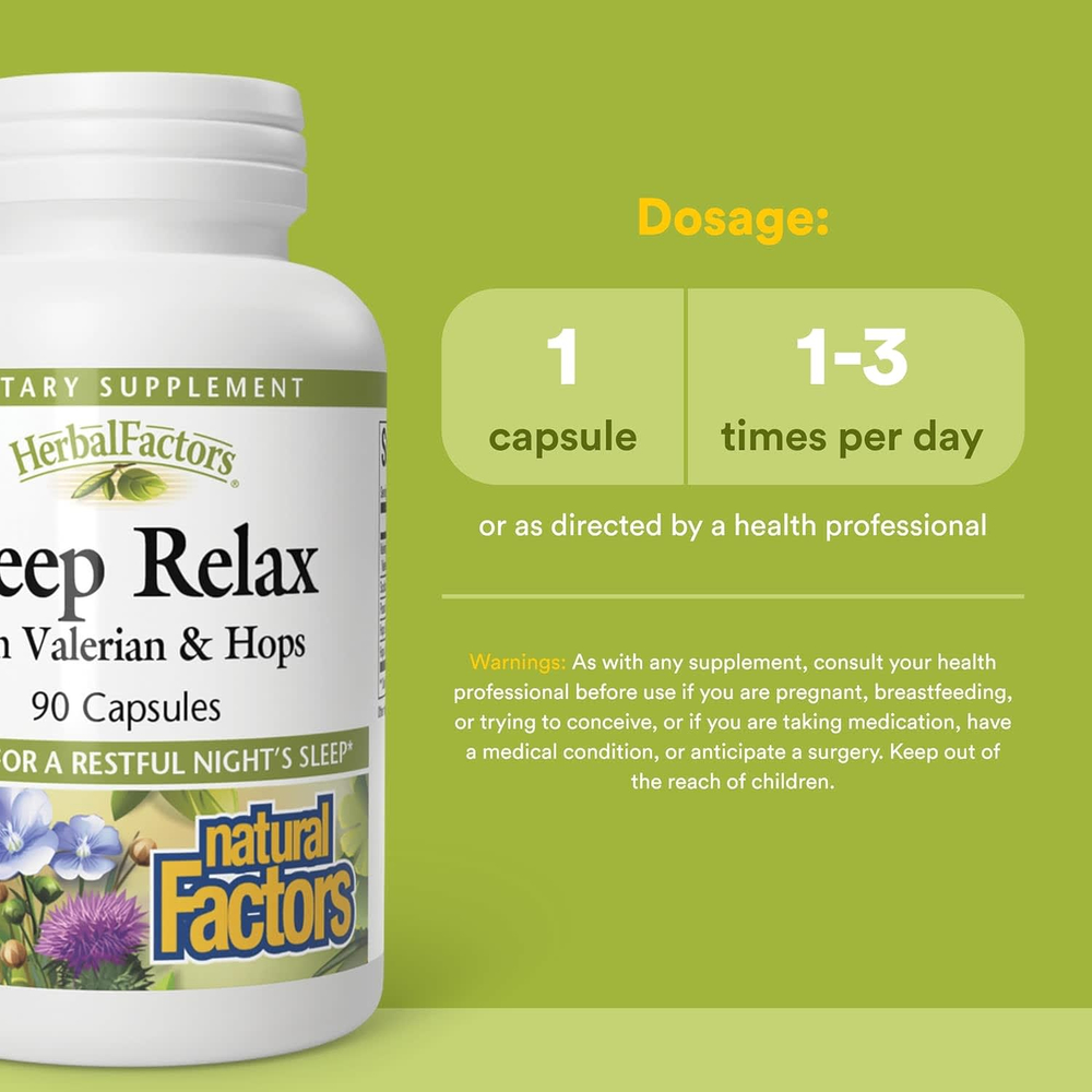 Natural Factors, Herbal Factors®, расслабляющий сон с валерианой и хмелем, 90 капсул