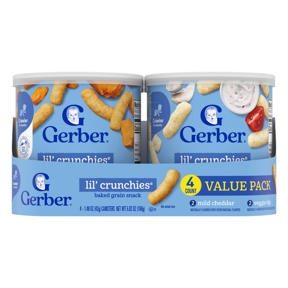 Gerber, Lil' Crunchies®, запеченный злаковый снек, для детей от 8 месяцев, мягкий чеддер и овощной соус, 4 упаковки по 42 г (1,48 унции)