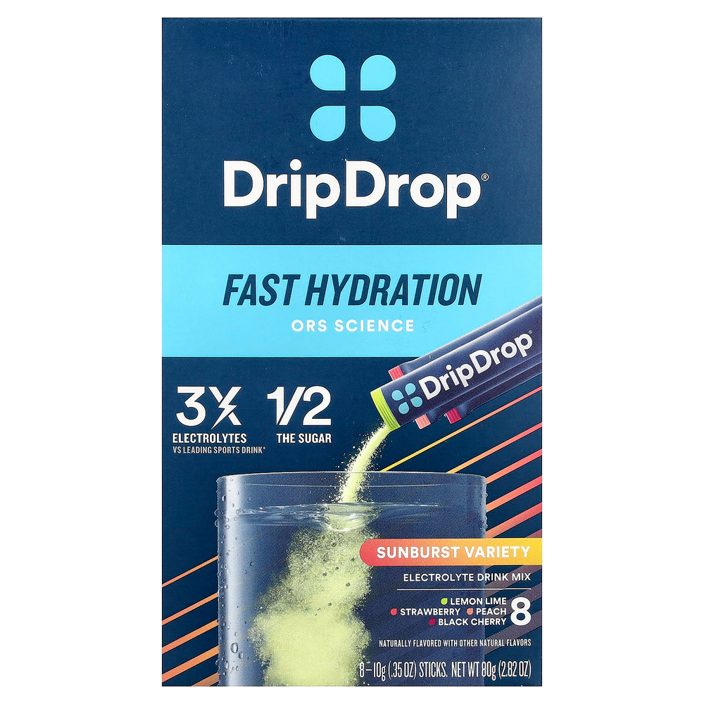 DripDrop, Electrolyte Drink Mix, Sunburst Variety, 8 Sticks, 0.35 oz (10 g) Each