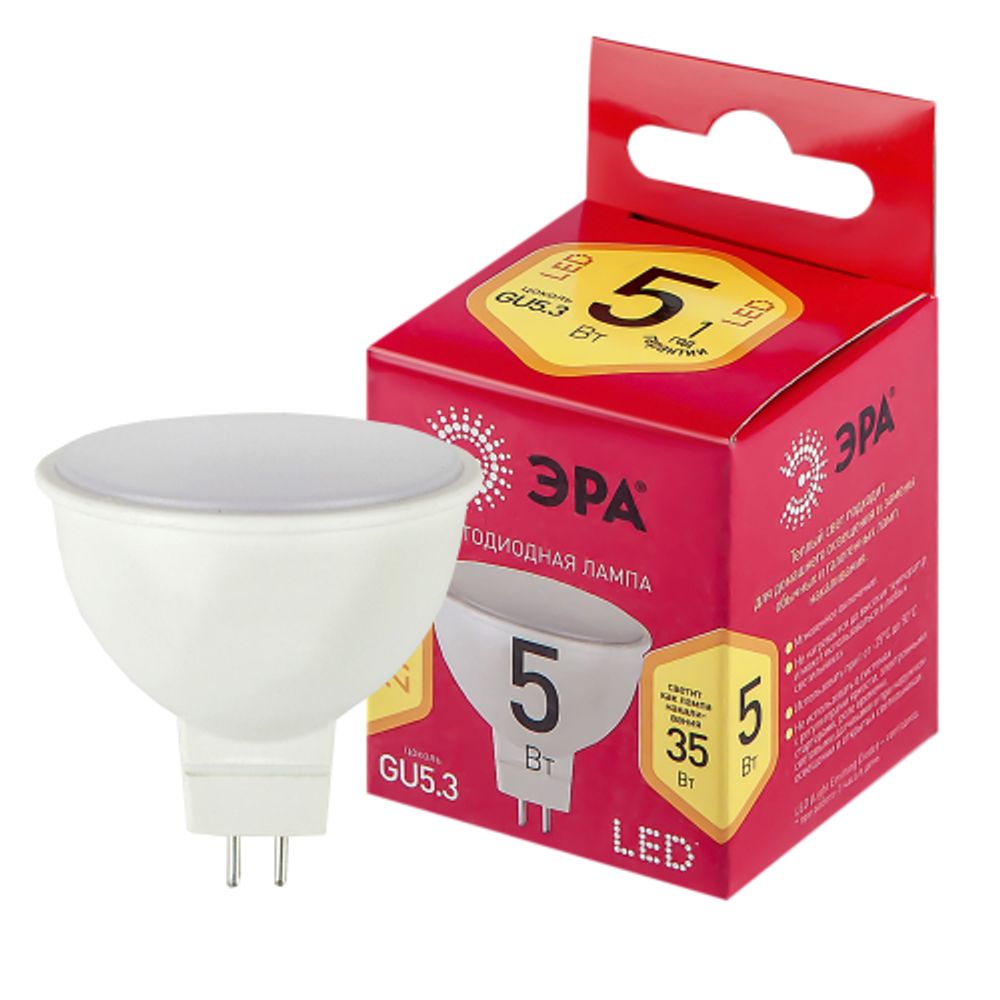 Лампа светодиодная ЭРА RED LINE LED MR16-5W-827-GU5.3 R 5Вт софит теплый белый свет GU5.3 | Лампы cветодиодные Точечные (Софиты) (MR, PAR)