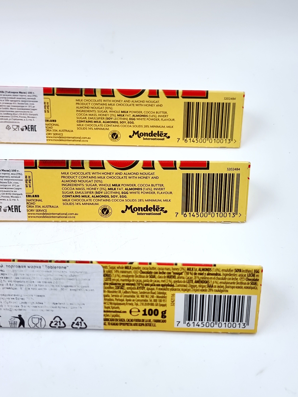 Toblerone молочный шоколад с медом и нугой 300 г (3 шт. по 100 г), Швейцария