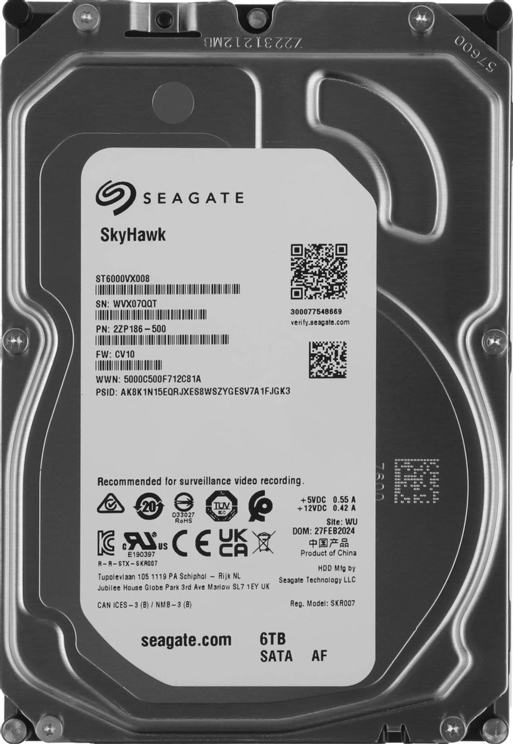 Внутренний HDD 3.5" Seagate Skyhawk ST8000VX010, 8Тб, SATA3, Bulk, Чтение:180мб/с, Запись:180мб/с, 7200об/мин, Буфер:256Мб