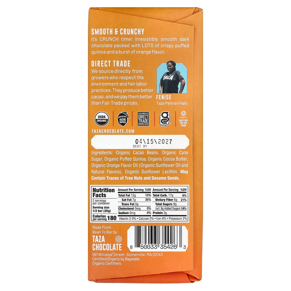 Taza Chocolate, 70% темный шоколад, с апельсиновой хрустящей начинкой, 70 г (2,5 унции)