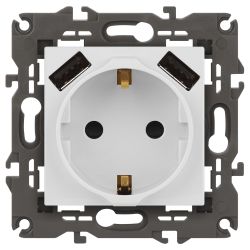 Розетка ЭРА Elegance 14-4109-01М 2P+E 16A-250В штор. с 2xUSB 5В-3А белый матовый | Эра Elegance