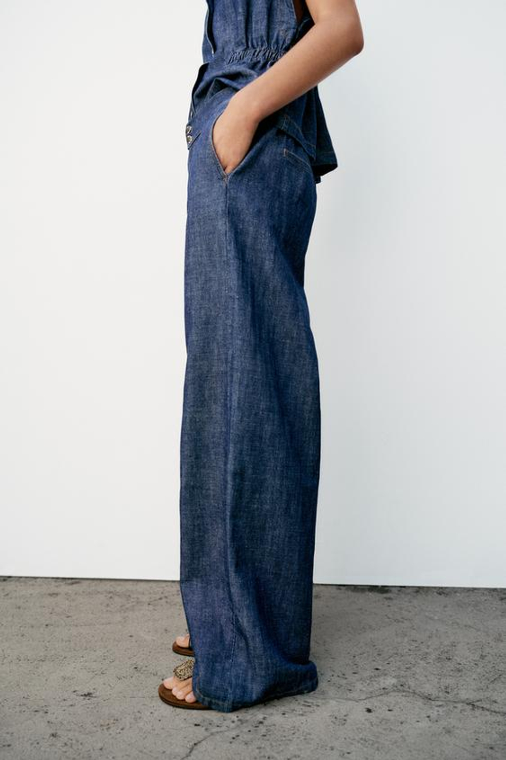 ZARA БРЮКИ ПРЯМОГО КРОЯ ИЗ СМЕСОВОГО ЛЬНА, ИНДИГО