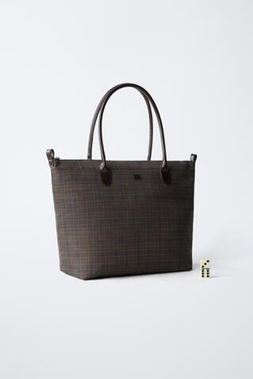 ZARA СУМКА-ШОПЕР В КЛЕТКУ, КОРИЧНЕВЫЙ