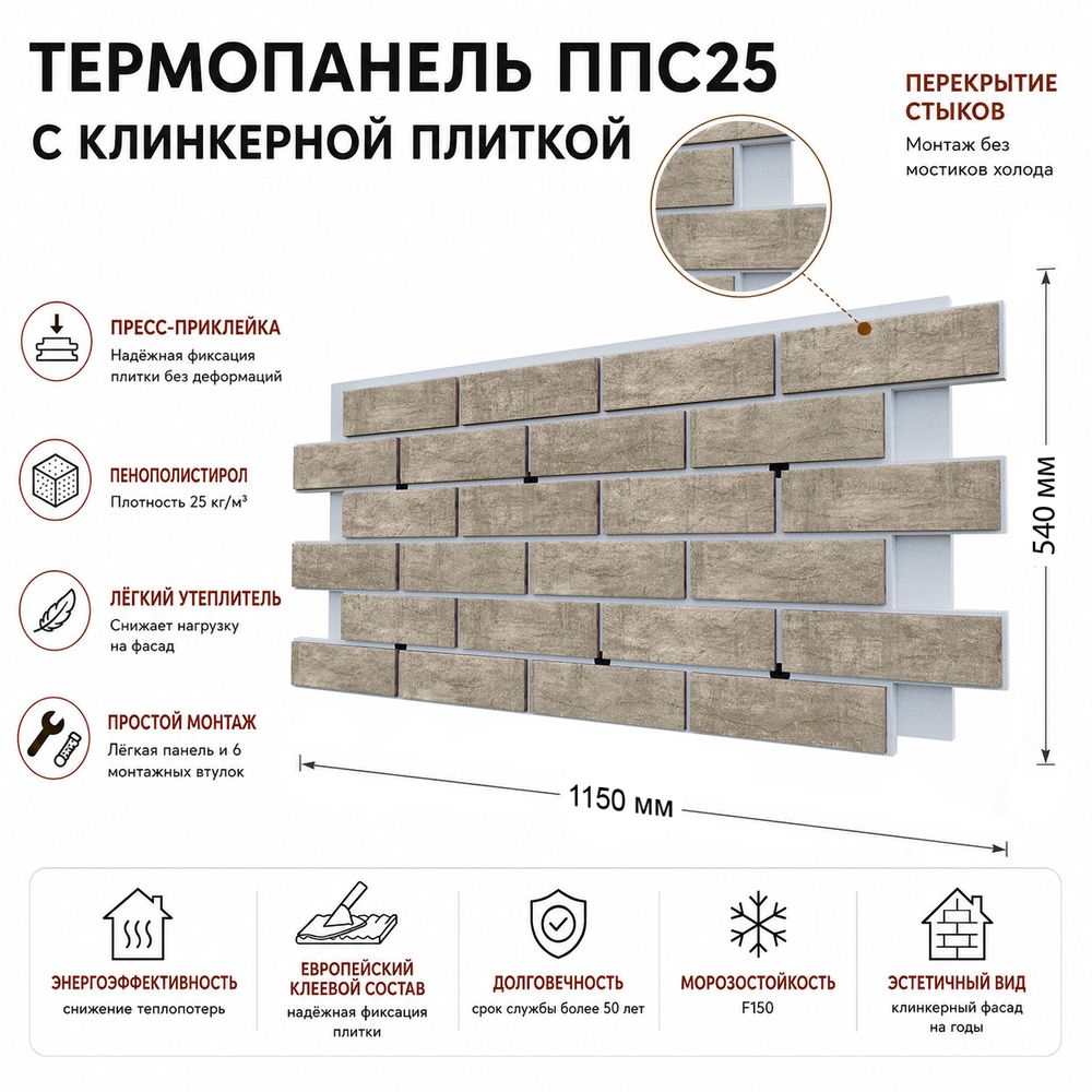 Клинкерная фасадная термопанель ППС25 Береза Керамика Брик Уолл Натурал 1150x540