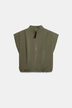 ZARA ТОП-БАЛЛОН СО СКЛАДКАМИ, ТЕМНЫЙ ХАКИ