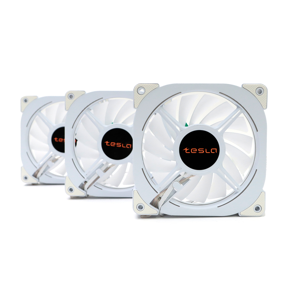 Комплект из 3 вентиляторов ТЕСЛА (TESLA) RGB120-XW3, 120мм, Molex, белый/RGB, 1200rpm, 38CFM, 21дБ, антивибропрокладки, бесконечное зеркало, изменение скорости анимации подсветки (TSL-120-XW3)