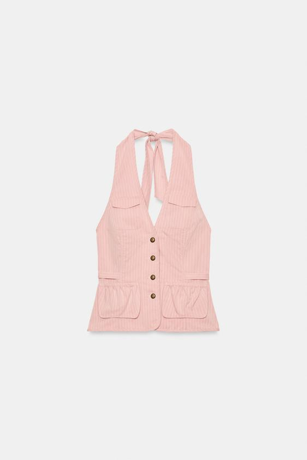 ZARA ТОП В ПОЛОСКУ С ГОРЛОВИНОЙ ХАЛТЕР И КАРМАНАМИ, БЛЕДНО-РОЗОВЫЙ