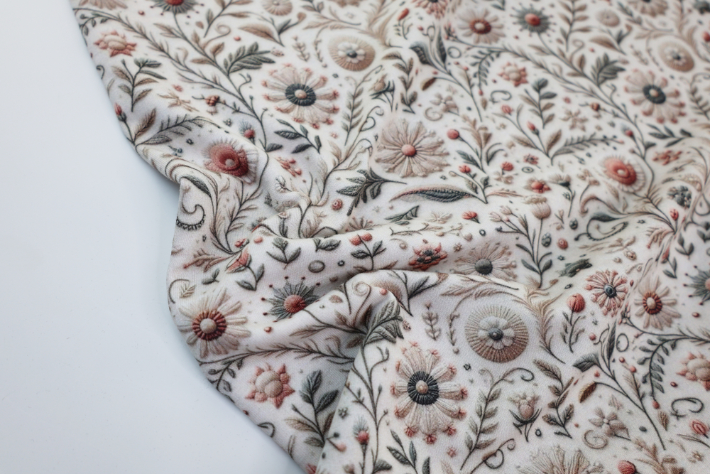 ВЫШИТЫЕ ЦВЕТЫ НА КРЕМОВОМ - Футер 2х-нитка с лайкрой, компакт пенье (ДЖ69 Маша) УЦЕНКА!