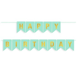 Гирлянда Флажки, Happy Birthday, Тиффани/Золото, Металлик, 500 см, 16*12 см.