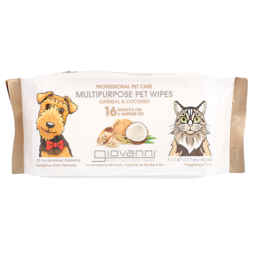 Giovanni, Professional Pet Care, универсальные салфетки для животных, для собак и кошек, с овсянкой и кокосом, без отдушек, 75 предварительно увлажненных салфеток