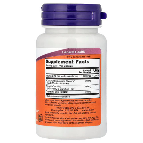 NOW Foods, добавка для энергии с пирролохинолинхиноном, 20 мг, 30 вегетарианских капсул