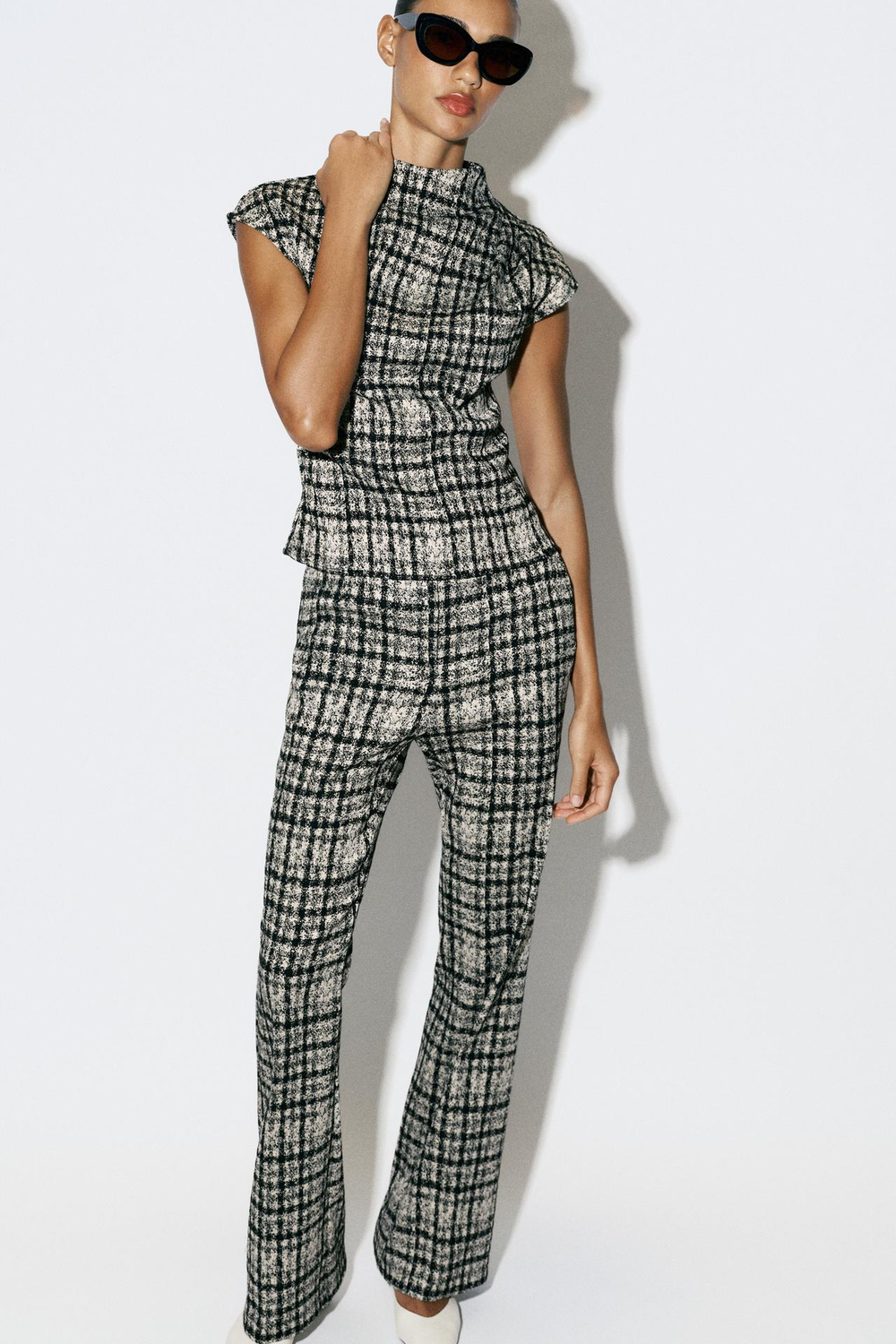 ZARA БРЮКИ FLARE В КЛЕТКУ, ЭКРЮ/ЧЕРНЫЙ