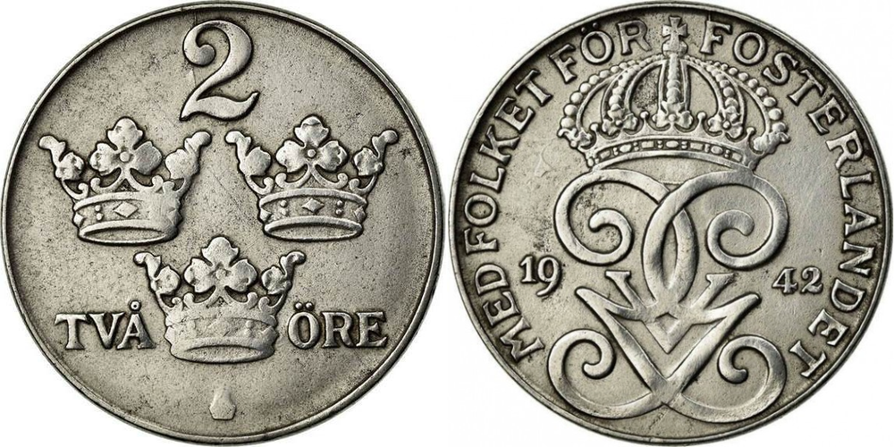 Швеция 2 эре, 1942 - 1950 Король Густав V XF