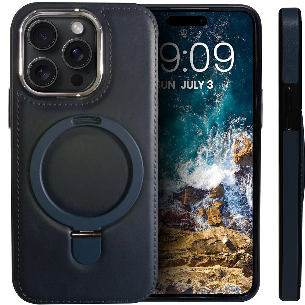 Business style чехол из кожи для IPHONE 15 PRO с кольцом-подставкой и бархатной подкладкой