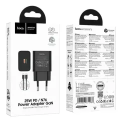 Adapter / Адаптер мережевий HOCO C to C Cable Star single port PD charger set N76 |25W/3A, PD/QC, GaN| black 6942007672986 (Чорний)