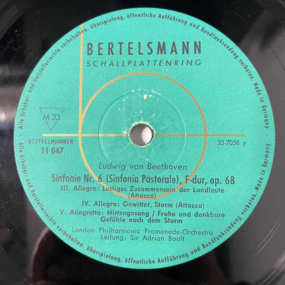 Винтажная виниловая пластинка LP Beethoven Бетховен, London Philharmonic Promenade Orchestra, Sir Adrian Boult 6. Симфония Sinfonie (Германия 1970)