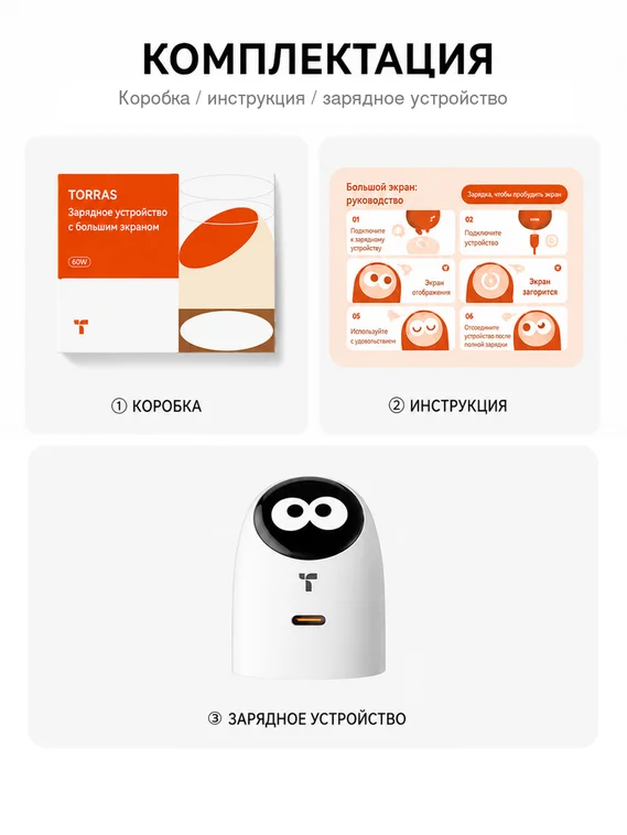Сетевое зарядное устройство TORRAS FlashEye-Dot 60W с цветным анимированным экраном, USB-C, GaN, PD 3.2 AVS, черный (Cool Black)