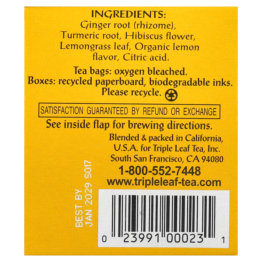 Triple Leaf Tea, чай с лимоном и имбирем, 20 чайных пакетиков, 40 г (1,41 унции)