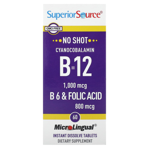 Superior Source, цианокобаламин B12, B6 и фолиевая кислота, 60 быстрорастворимых таблеток MicroLingual®
