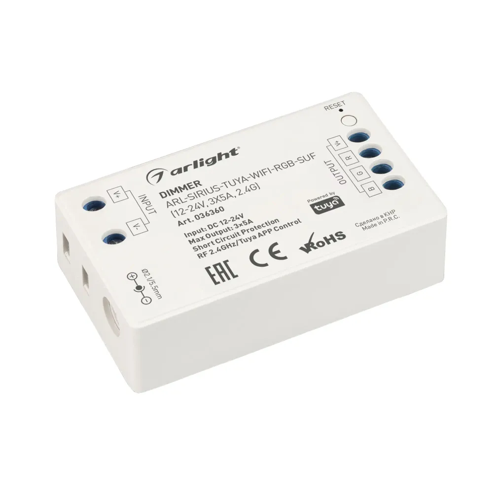Диммер ARL-SIRIUS-TUYA-WIFI-RGB-SUF (12-24V, 3x5A, 2.4G) (Arlight, IP20 Пластик, 3 года) Диммер ARL-SIRIUS-TUYA-WIFI-RGB-SUF (12-24V, 3x5A, 2.4G) (Arlight, IP20 Пластик, 3 года)