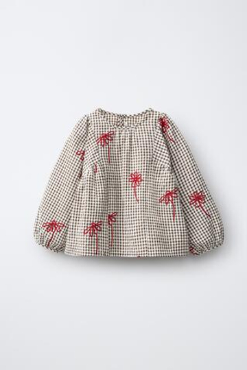 ZARA РУБАШКА В КЛЕТКУ С ЦВЕТОЧНОЙ ВЫШИВКОЙ, ШОКОЛАДНЫЙ