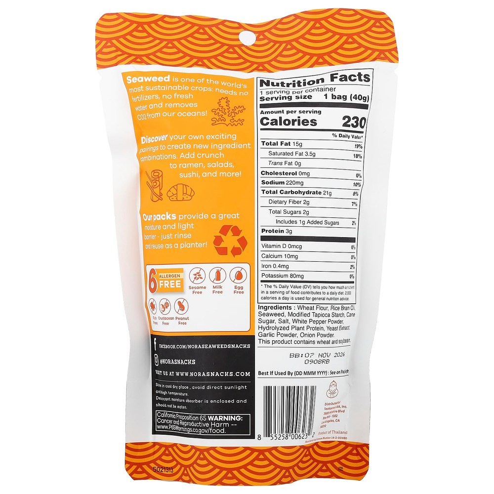 Nora Snacks, снеки с морскими водорослями, темпура, оригинальный вкус, 40 г (1,41 унции)