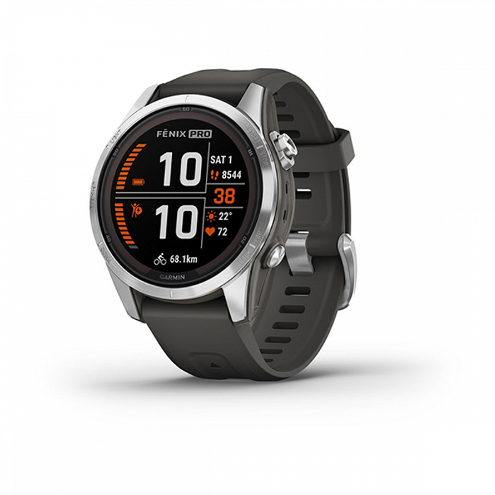 Garmin Fenix 7S Pro Solar корпус из стали серебристого цвета, силиконовый ремешок цвета графит