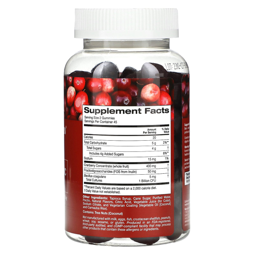 California Gold Nutrition, клюква и пробиотики в жевательных таблетках, с концентратом клюквы, фруктоолигосахаридами и бактериями бациллус коагуланс, с натуральным вкусом клюквы, 90 вегетарианских жевательных таблеток