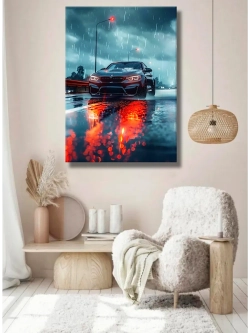 Картина "BMW под дождём", интерьерная 50х70см 1шт.