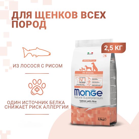 Monge Dog All breeds Puppy&Junior полноценный корм для щенков всех пород лосось и рис (2,5)