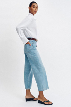 ZARA ДЖИНСЫ WIDE LEG УКОРОЧЕННЫЕ С ВЫСОКОЙ ПОСАДКОЙ И РЕМНЕМ, ГОЛУБОЙ