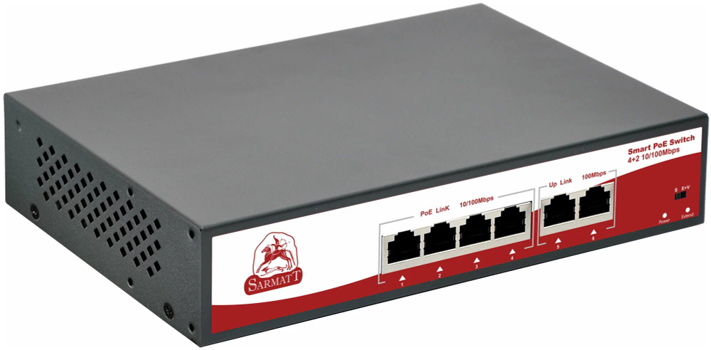 Коммутатор Sarmatt SR-PS0420FBL, 6 портов, PoE, до 250 м, установка в стойку