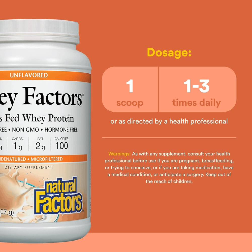 Natural Factors, Whey Factors®, сывороточный протеин травяного откорма, без добавок, 907 г (2 фунта)