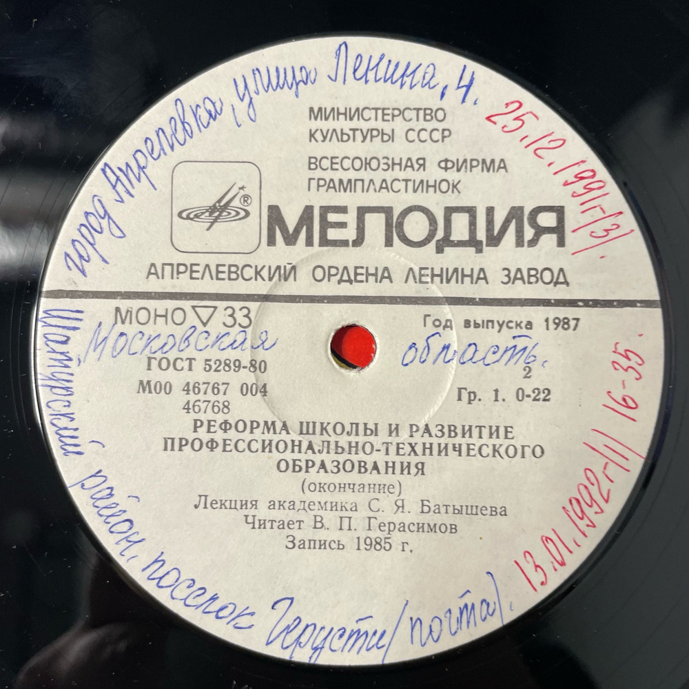 Винтажная виниловая пластинка LP Реформа Школы И Развитие Профессионального Технического Образования (СССР 1987)