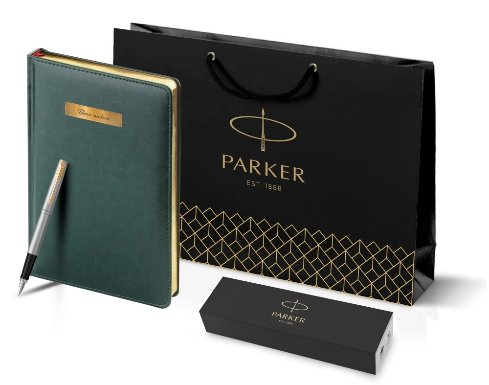 Подарочный набор: Ручка перьевая Parker Jotter Stainless Steel GT и Ежедневник зеленый недатированный