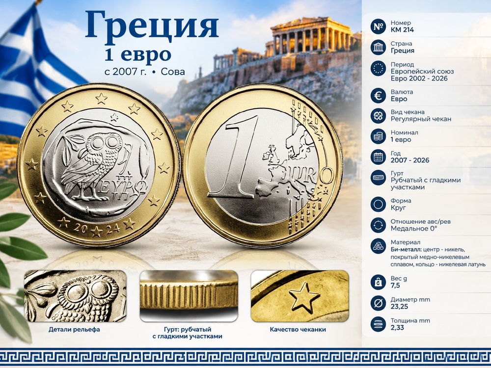 Греция 1 евро, 2024 Сова aUNC