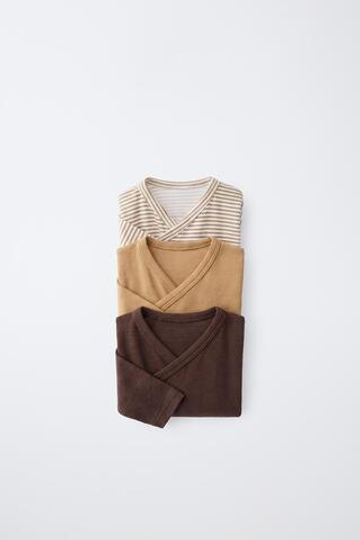 ZARA НАБОР ИЗ 3 БОДИ С ЗАПАХОМ И ПОЛОСКОЙ, ОХРА