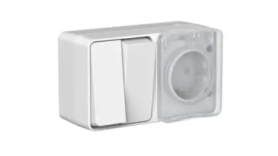 ATLASDESIGN PROFI IP54 О/У БЛОК: РОЗЕТКА с заземл. со шт., 16А, ВЫКЛЮЧАТЕЛЬ 2-клав., 10АХ, СЕРЫЙ