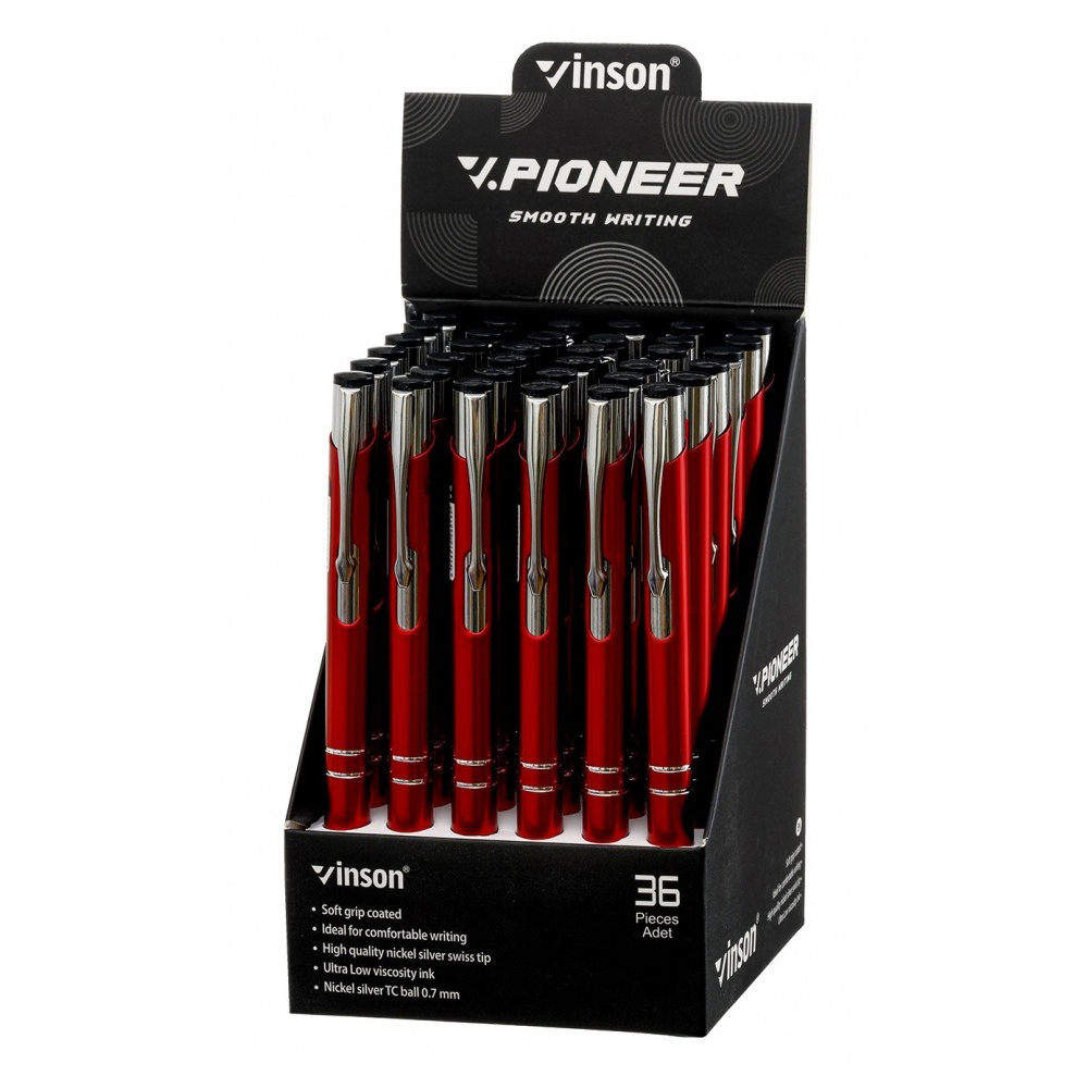 Ручка шариковая, масляная, автоматическая, Vinson, синие чернила, серия "VINSON PIONEER", красный металлический корпус, 36 шт