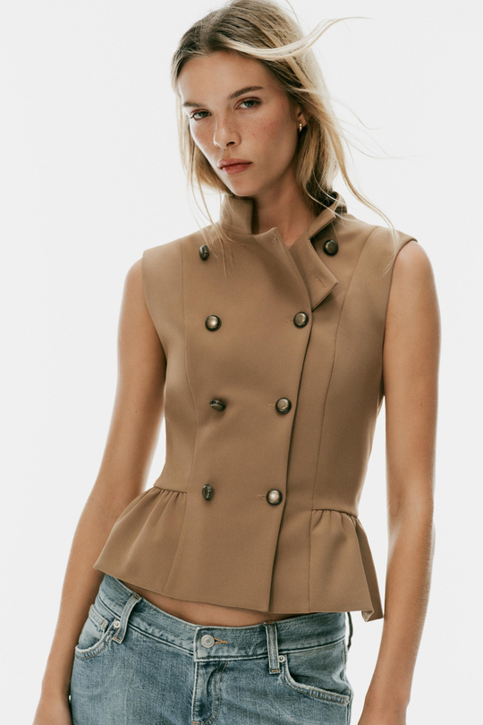 ZARA ТОП С БАСКОЙ И ПУГОВИЦАМИ, ТЕМНО-БЕЖЕВЫЙ
