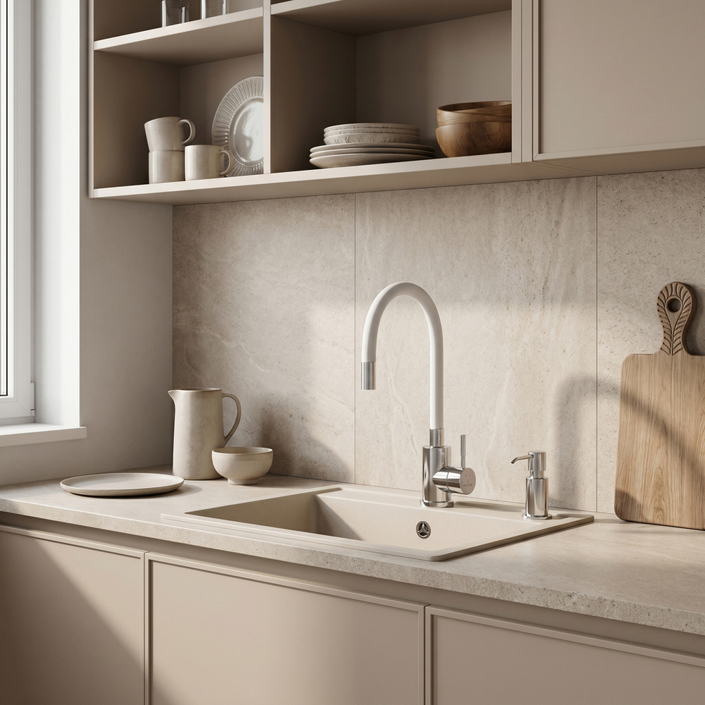 Смеситель для кухни 35k MIXLINE МЛНС-0325Х БЕЛЫЙ гибкий силиконовый излив, п/гайку ХРОМ